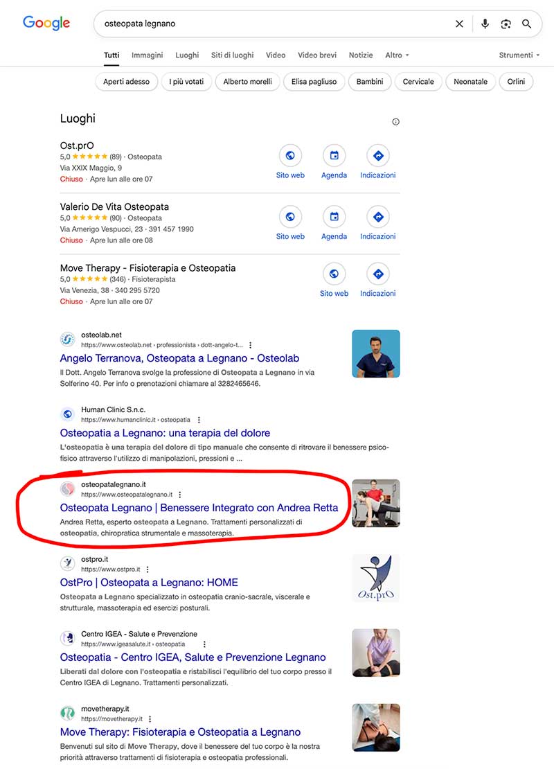 Serp di Google dove il sito osteopatalegnano.it risulta in prima pagina